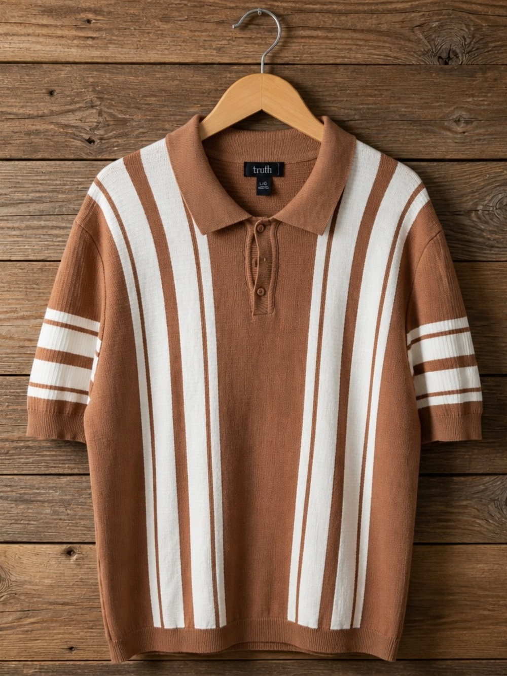 Truth Men's Tan & White Striped Knit Polo